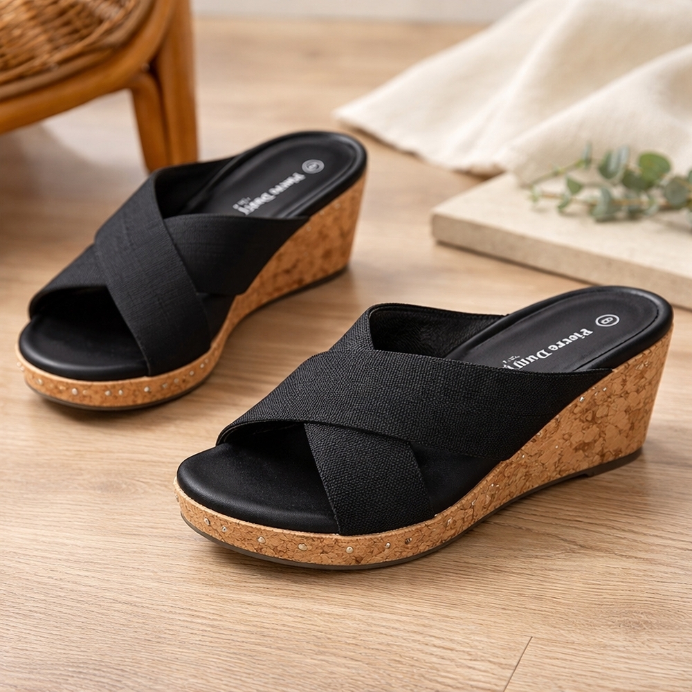 Pierre Dumas Black Cork Wedge Casual Slide Sandals Size 8